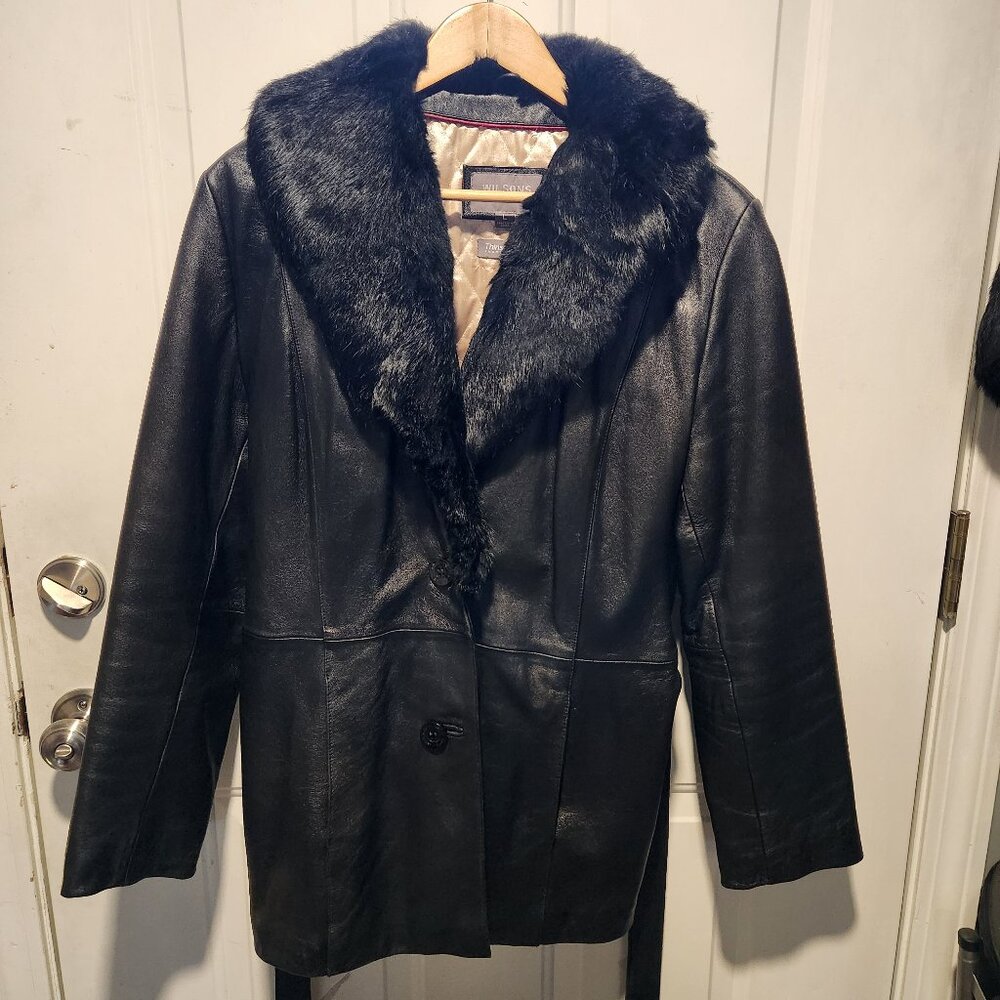 Wilson's Leather Womens Large Black Belted Leather Jacket Rabbit Fur Trim